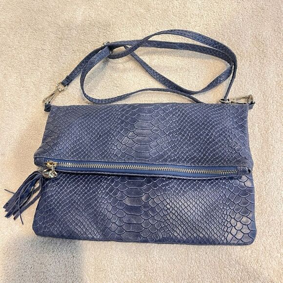 Vimoda Paris Blue Crossbody Purse Leather Woman S 10.5x7.25" Italy Foldover Chic - Picture 7 of 13